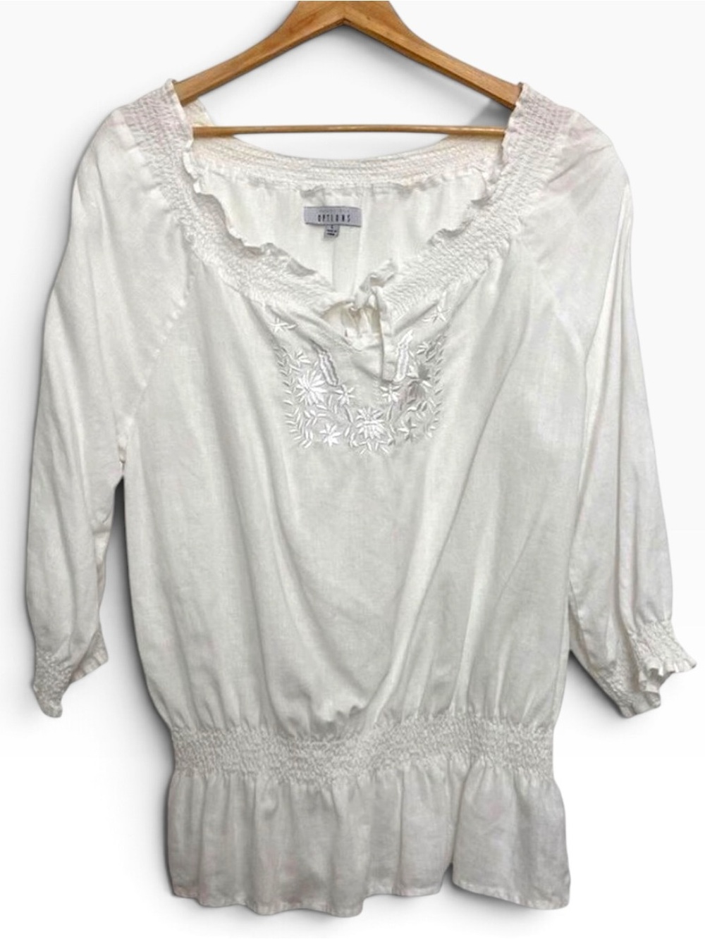 AUGUST Silk Options blouse 100% linen embroidered smock waist 3/4 sleeves Large